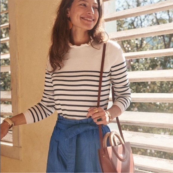 Sézane Raphael Jumper Striped Ruffle Wool Sweater Blue White XS - Picture 1 of 9